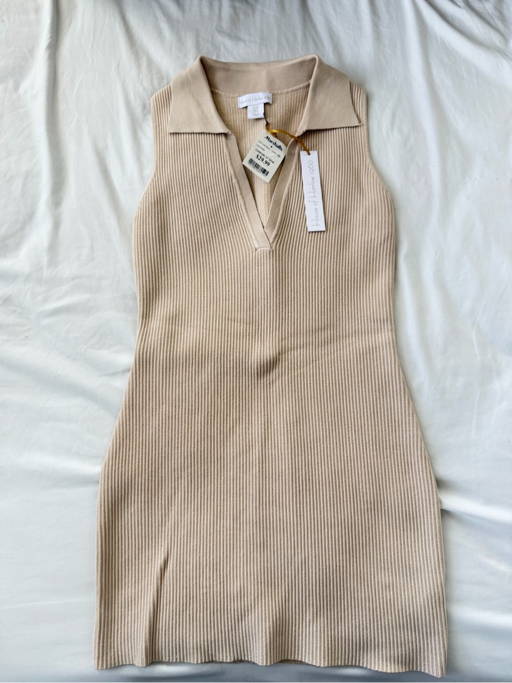 House of Harlow 1960 Sleeveless Ribbed Polo Dress in Beige